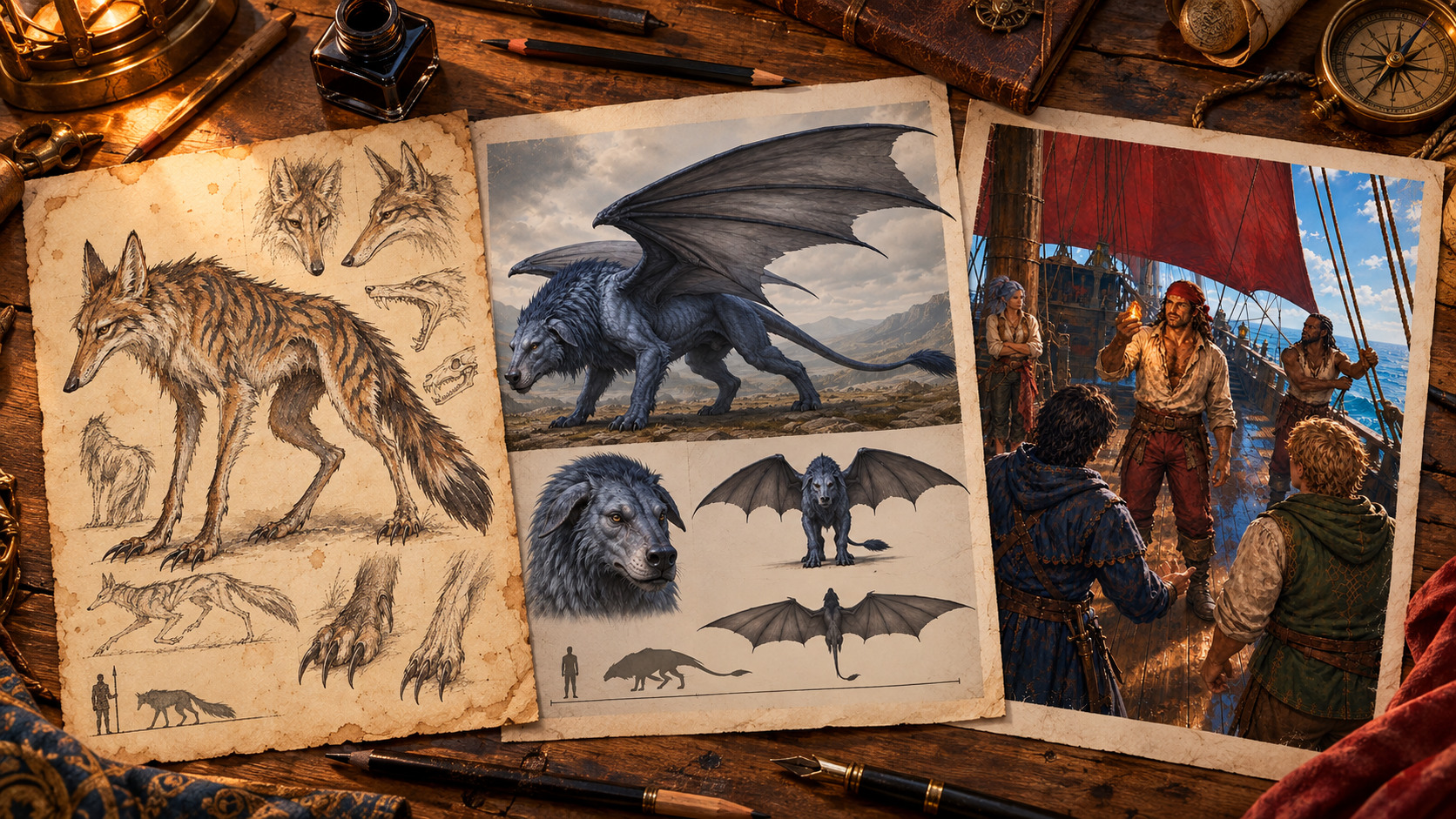 Três folhas com ilustrações conceituais de Focon sobre uma mesa de desenho, com lápis, canetas e tinta