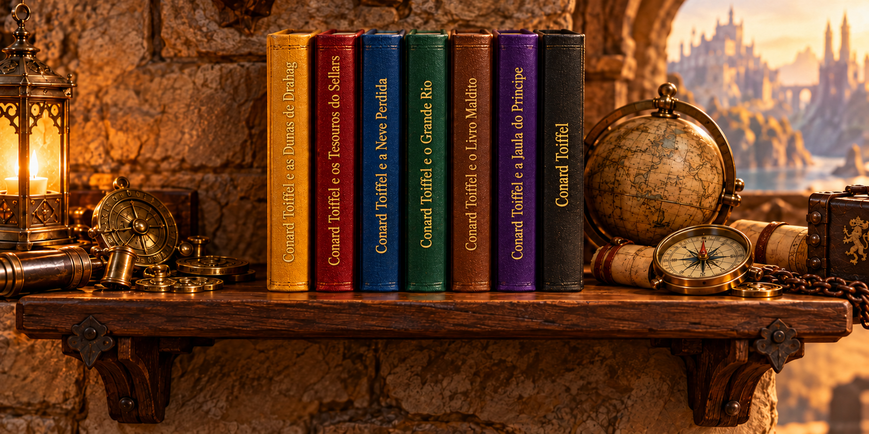 Sete livros de tecido colorido em uma prateleira medieval, junto a objetos de exploração